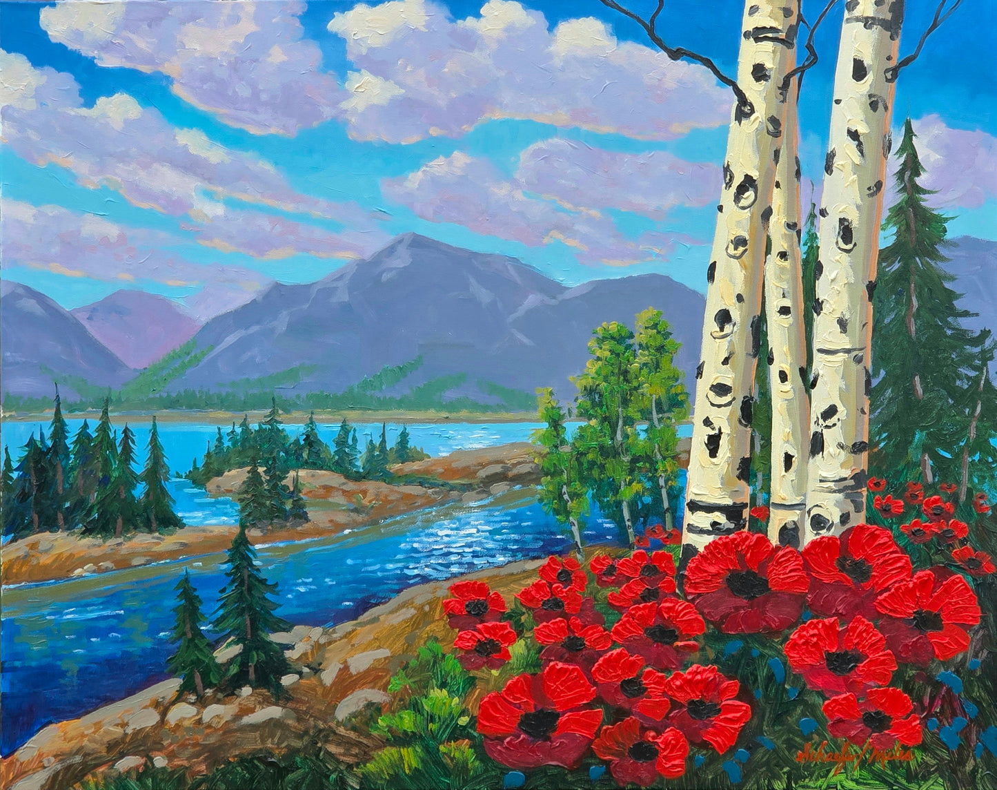 Happy Place-Oil-24x30-Schaefer Miles-Painting of a scenic landscape with mountains, trees, and red flowers.