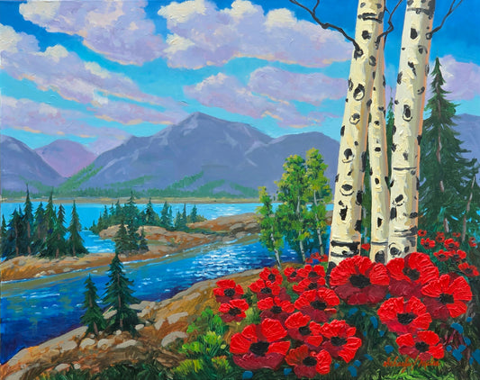 Happy Place-Oil-24x30-Schaefer Miles-Painting of a scenic landscape with mountains, trees, and red flowers.