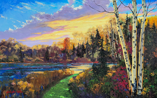 "A Symphony of Scarlet and Gold" Oil 30"x48" unframed, gallery wrapped - ready to hang