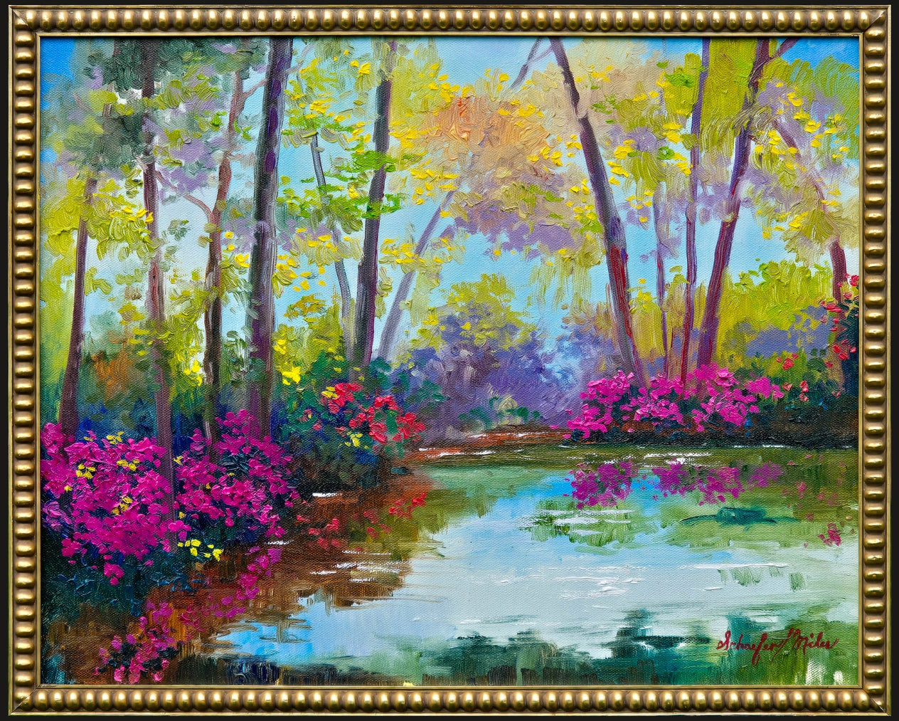 Azalea Reflections-Oil-16x20-Schaefer Miles-Painting of a serene forest scene with a pond and colorful flowers, framed in gold.