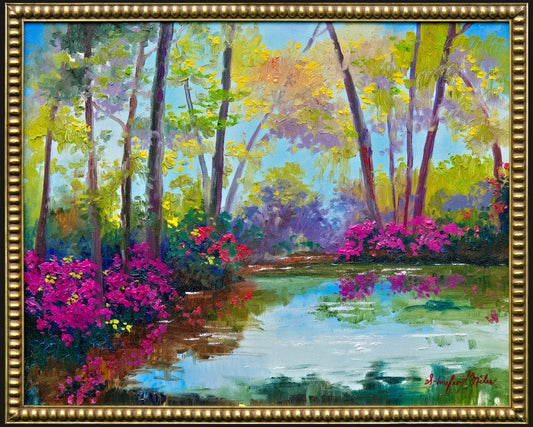 Azalea Reflections-Oil-16x20-Schaefer Miles-Painting of a serene forest scene with a pond and colorful flowers, framed in gold.