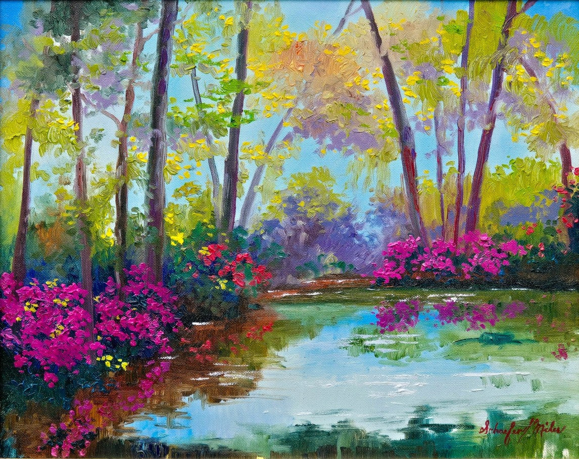 Azalea Reflections-Oil-16x20-Schaefer Miles- Colorful painting of a forest scene with a pond and pink flowers.