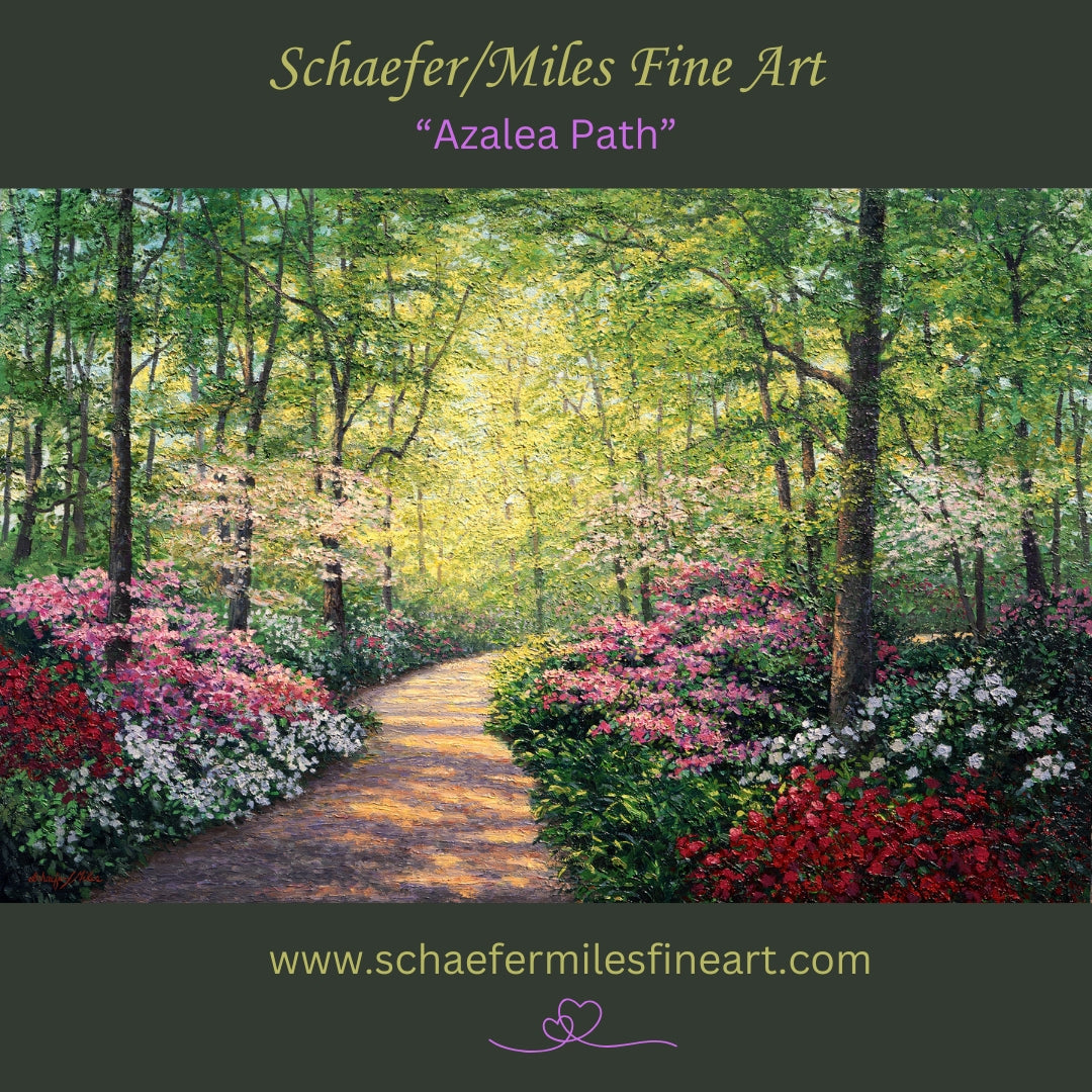 Azalea Path-Vintage Limited Edition Fine Art Print- Oil Painting of an Azalea garden path with flowers and trees, featuring Schaefer/Miles Fine Art brand