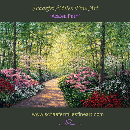Azalea Path-Vintage Limited Edition Fine Art Print- Oil Painting of an Azalea garden path with flowers and trees, featuring Schaefer/Miles Fine Art brand