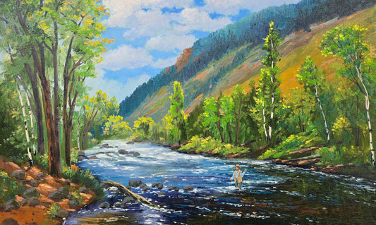 "Fly fishing on the frying pan river." Oil 20"x32" Framed.
