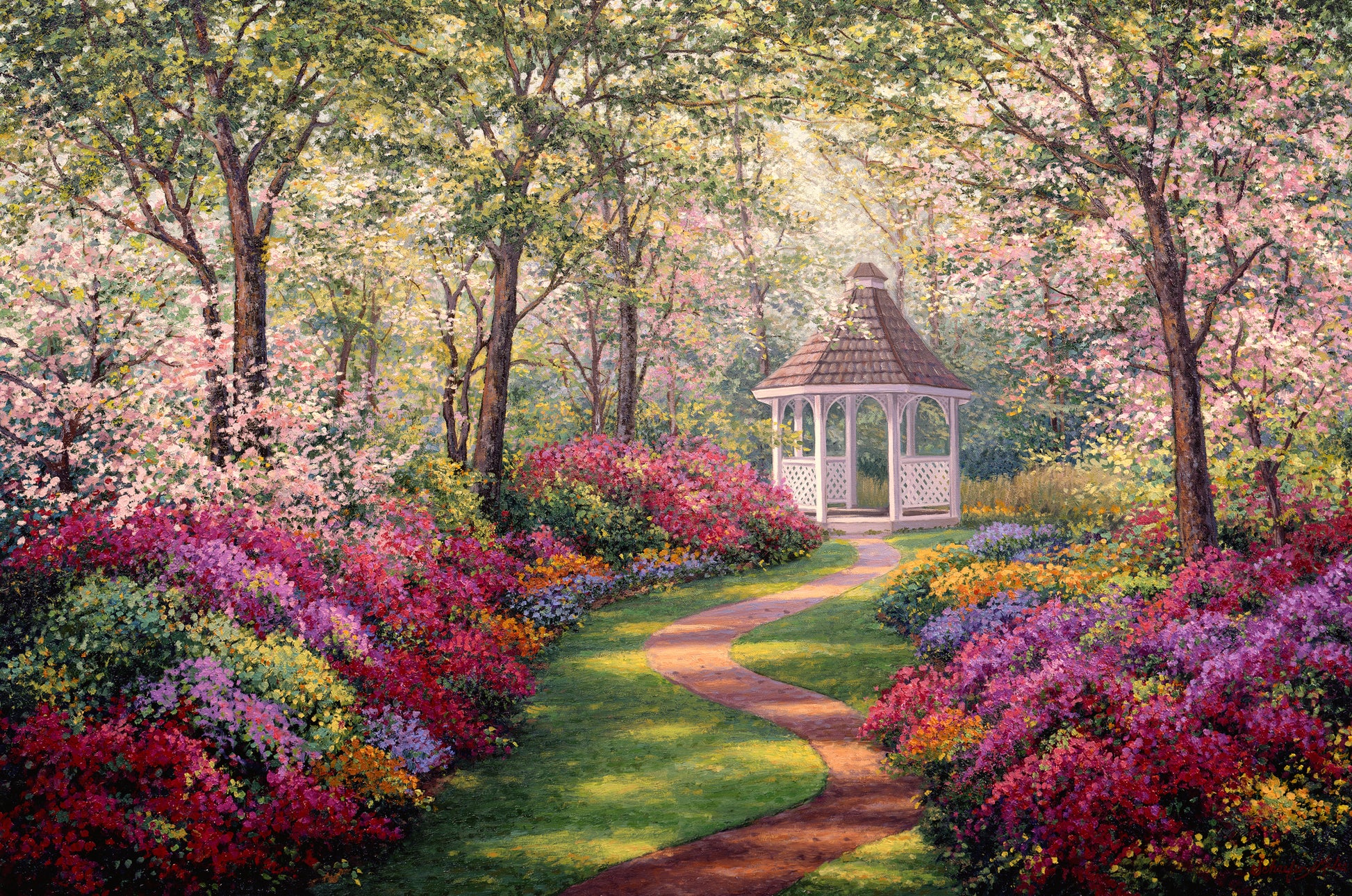 A World Away-Open edition Vintage Offset Lithograph- 24x36-Paper-Schaefer Miles-Gardens with a gazebo surrounded by colorful flowers and trees