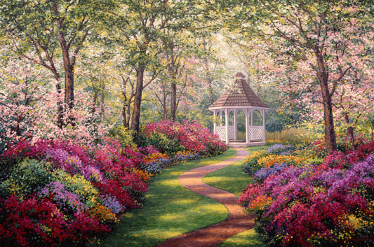 A World Away-Open edition Vintage Offset Lithograph- 24x36-Paper-Schaefer Miles-Gardens with a gazebo surrounded by colorful flowers and trees