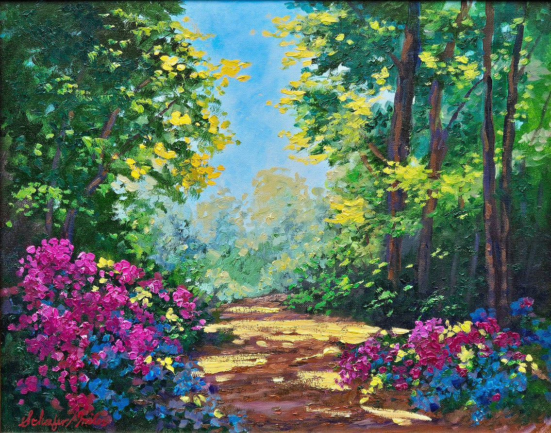 Woodland Magic-Oil-16x20-Schaefer Miles-Painting of a garden path flanked by colorful flowers and trees.