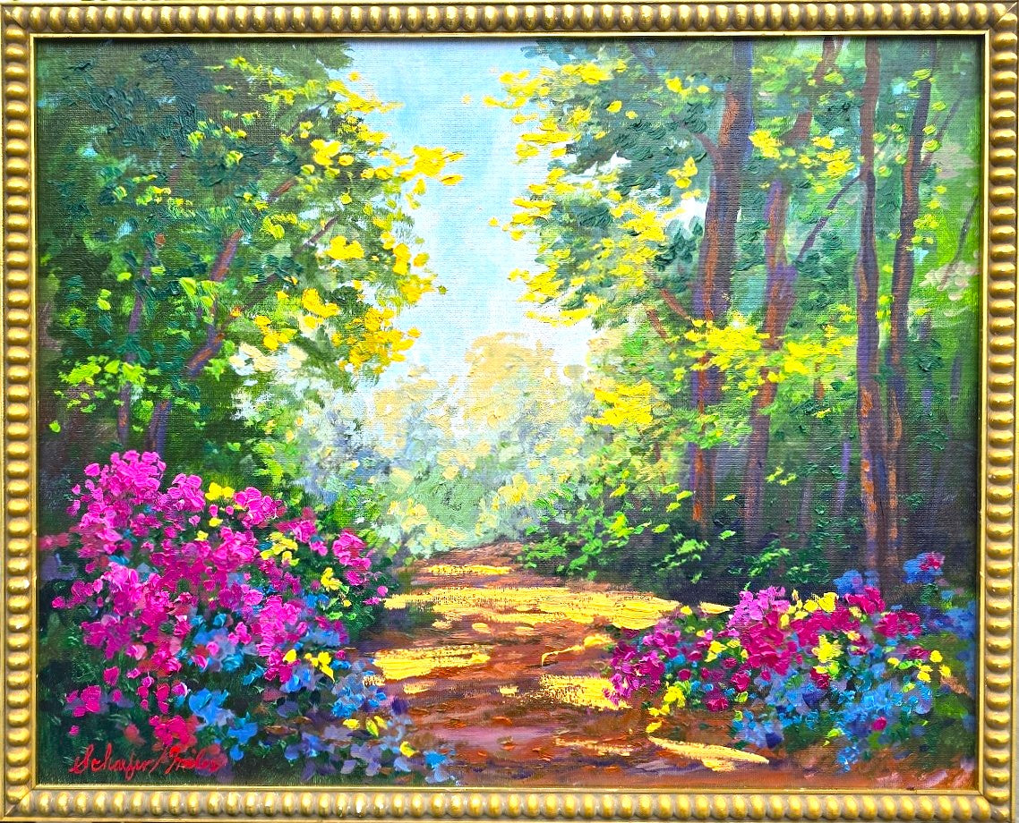 Woodland Magic-oil-16x20-Schaefer Miles-Painting of a forest path with flowers and trees